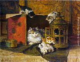 Henriette Ronner-Knip A Mother Cat Watching Her Kittens Playing painting